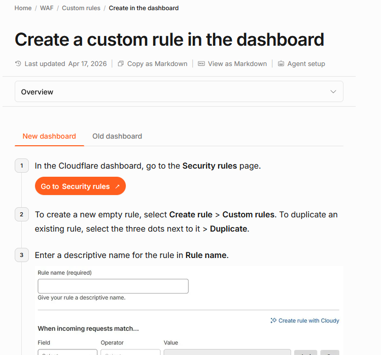 A snippet of the custom security rules documentation, featuring tabs to switch between guidance for the old dashboard experience and the new dashboard experience